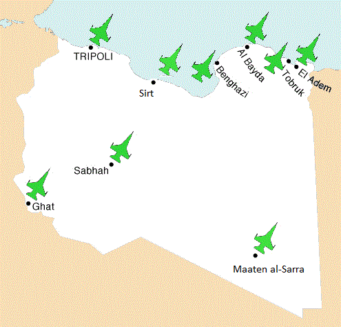 Aeroplans - Répartition des bases aériennes sur le sol libyen