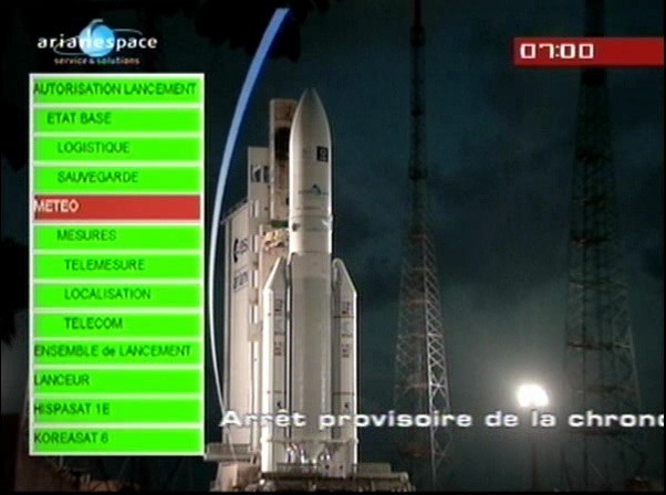 Interruption de la chronologie du Vol 199 le 28 decembre 2010 sur rouge meteo (credit Arianespace).